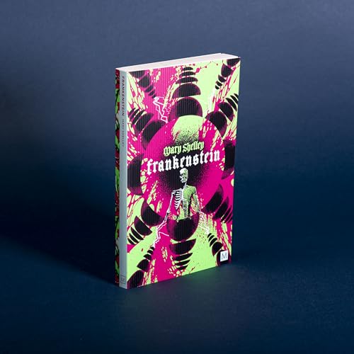 Book cover for "Frankenstein" with abstract red and green design.