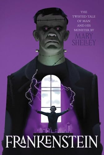 Book cover: Frankenstein, featuring a green-skinned monster and a shadowy figure.