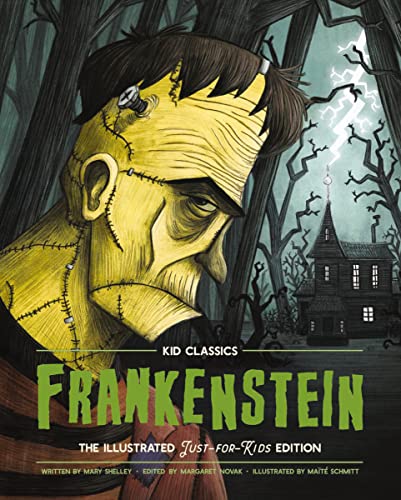 Yellow-skinned Frankenstein’s monster illustration with stitches, stormy castle background.
