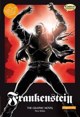 Frankenstein's monster stands with arms raised against a bright red, glowing background.