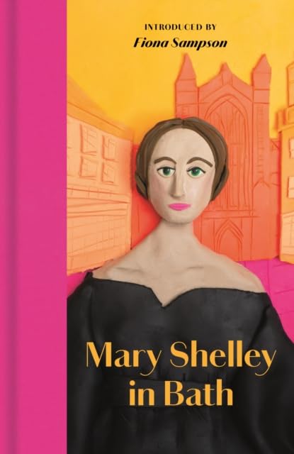 A clay-style portrait of Mary Shelley against a stylized orange building background.