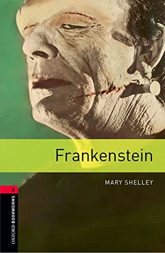 Frankenstein book cover featuring a stitched, aged face and green background.