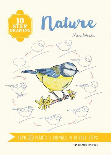 Book cover showing a ten-step drawing process for a blue tit bird on branch.