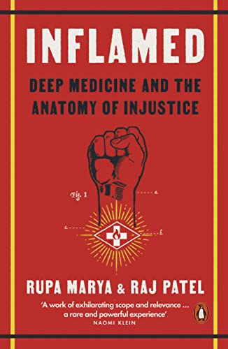 Book cover: "Inflamed," red background, raised fist, medical symbol.