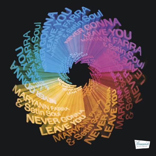 Vinyl record with colorful swirl design and repeating text around a center hole.