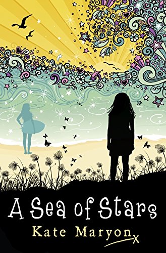 Book cover: silhouette of a girl, starry sky, and wave design.