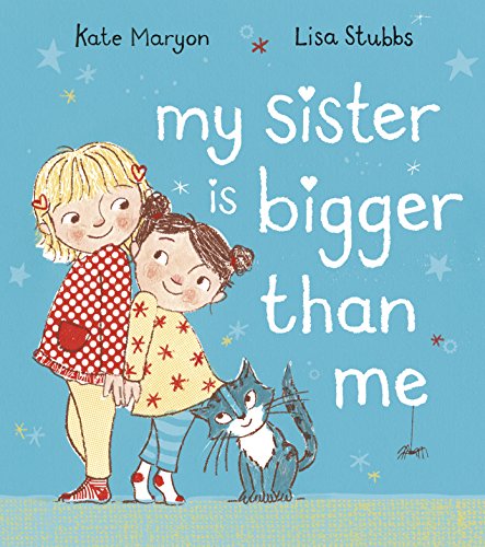 Two young sisters hug with a cat, illustrated children’s book cover.