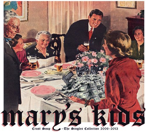 CD cover: Family gathers around a table with money and soup.