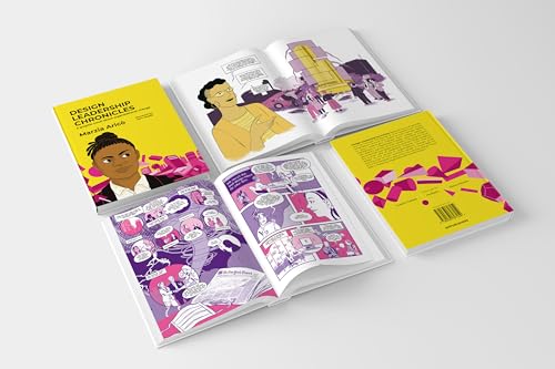 Open graphic novel “Design Leadership Chronicles” with illustrated panels and yellow cover.