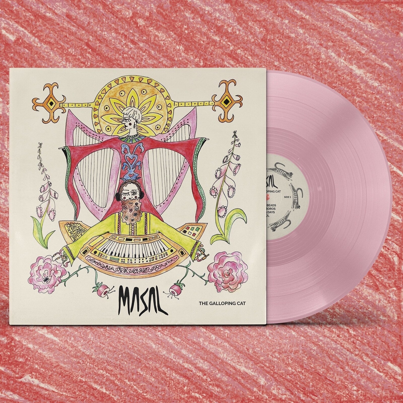 Vinyl record cover with whimsical illustrated artwork next to a translucent light pink disc.