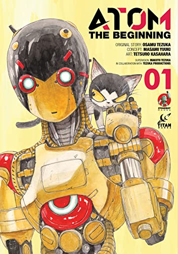 Robot and cat on cover of "ATOM: The Beginning Vol. 1" manga.