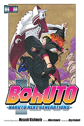 Colorful manga book cover featuring Boruto and friends in action poses with Naruto background.