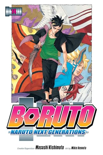 Boruto manga volume 14 cover featuring Boruto, Kawaki, and Naruto.