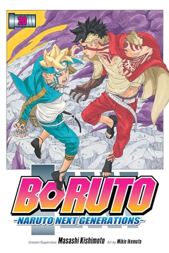 Boruto and Kawaki face each other in a dynamic battle scene on manga cover.