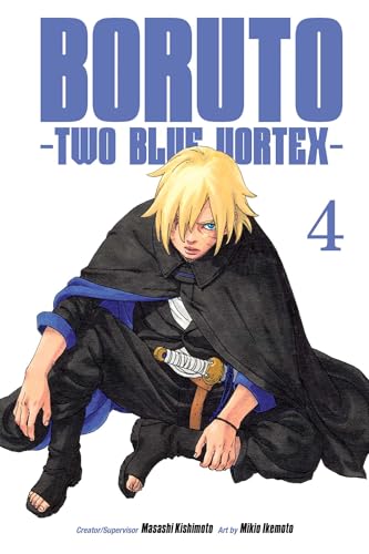 Manga cover featuring Boruto with blonde hair wearing a black cloak and blue lining.