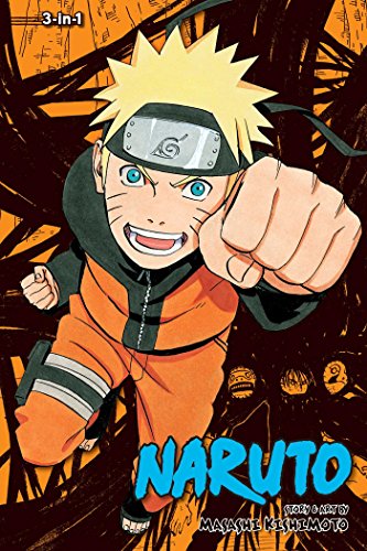 Colorful manga book cover featuring Naruto, a young ninja, in action pose with background scenery.