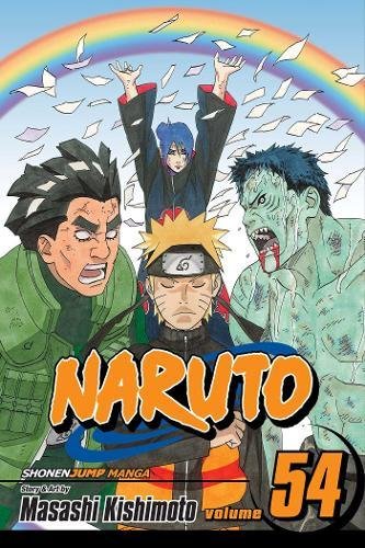 Naruto manga volume 54 cover with characters and a rainbow background.