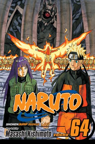 Naruto manga volume 64 cover featuring Naruto, Hinata, and a large, shadowy beast.