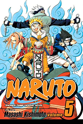 Naruto, Sakura, Sasuke, and Kakashi pose on the cover of Naruto volume 5.
