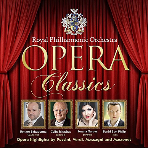 "CD cover featuring red stage curtains, crest, and four opera singer portraits."