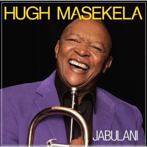 Hugh Masekela smiling, holding a trumpet, on a dark purple background.