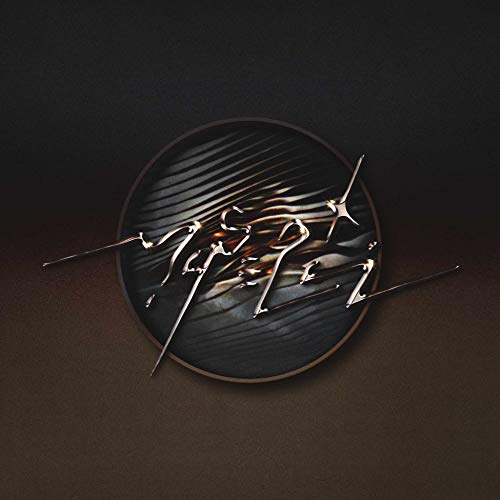 Dark album cover with abstract, metallic text on a ridged disc.