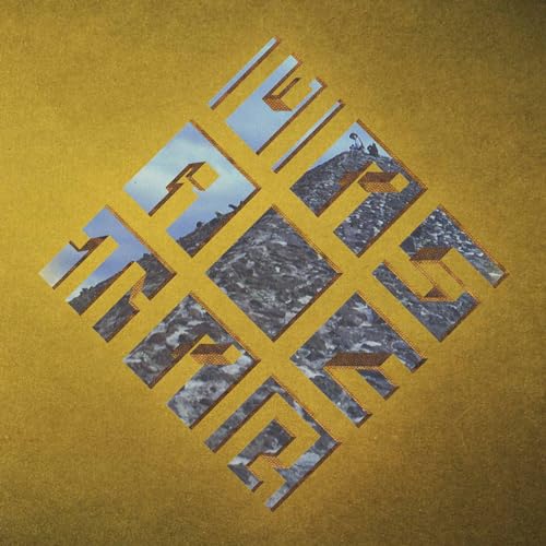 Pyramid shape with fragmented landscape images on a gold background.
