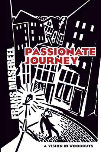Black and white woodcut illustration of a man walking past buildings under a streetlamp.