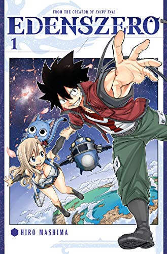 Manga cover: young man, blue cat, blonde girl, and a small robot in space.