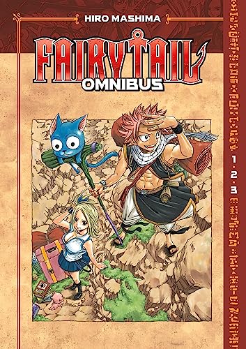 Fairy Tail Omnibus 1 manga cover featuring Natsu, Lucy, and Happy on a journey.