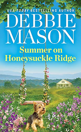 Book cover with a dog, floral swing, and distant mountain landscape.
