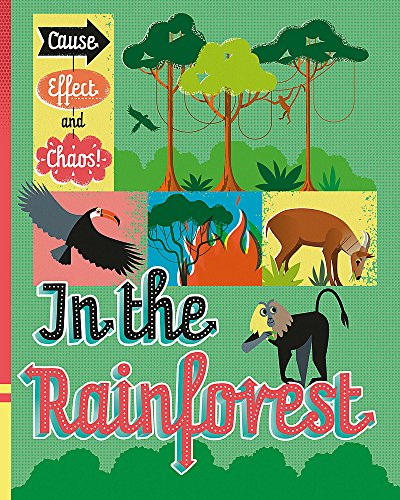Rainforest scene with animals, fire, and text: “In the Rainforest.”