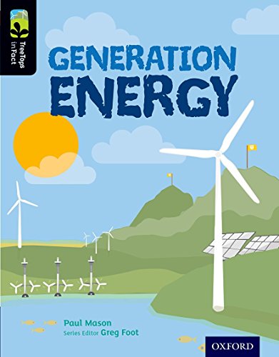 Book cover with wind turbines, sun, and green hills; “Generation Energy” title.