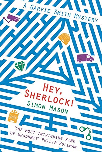 Book cover with blue maze pattern, icons, and title Hey, Sherlock! by Simon Mason.