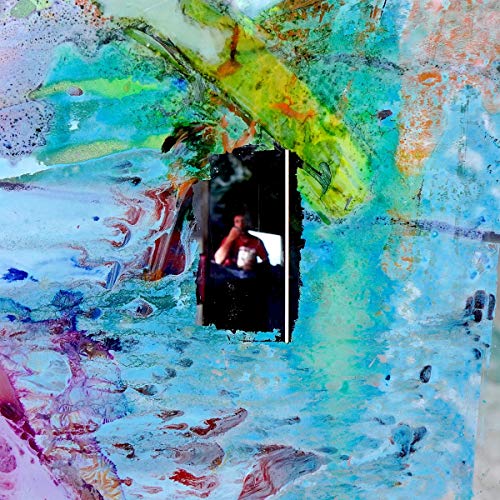 Abstract colorful album cover with a portrait in a dark rectangle.