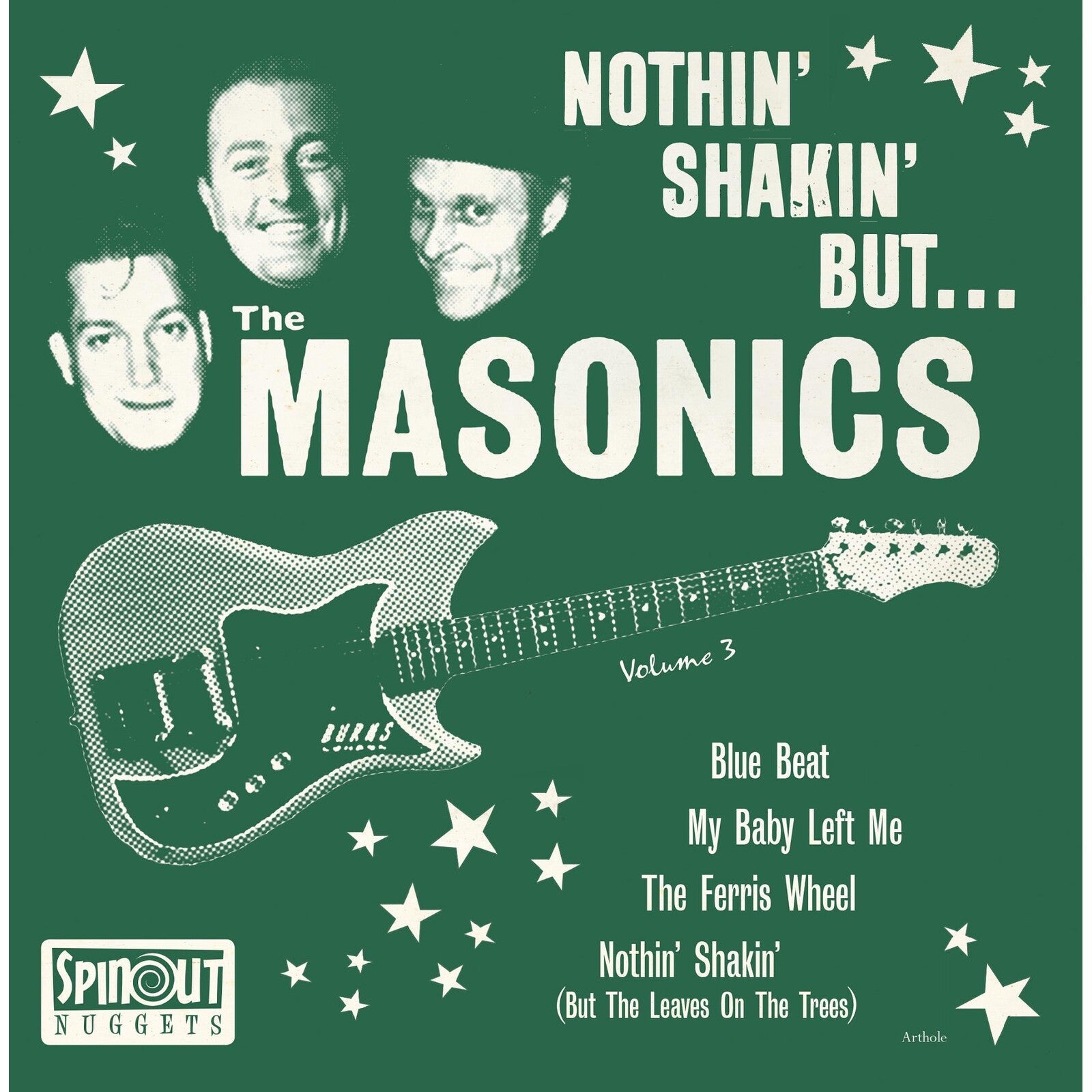 Record cover for The Masonics’ “Nothin’ Shakin’ But…” with guitar and portraits.
