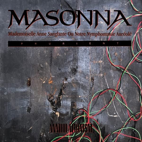 Album cover with Masonna and Prurient text over a dark, textured surface with tangled wires.