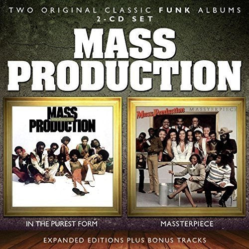"CD cover with 'MASS PRODUCTION' text and two gold-framed album art images."