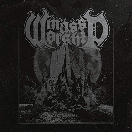 "Album cover with 'Mass Worship' in gothic font and dark, abstract artwork on a black background."