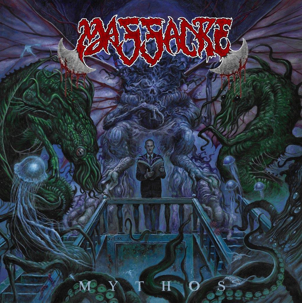 Album cover for Massacre’s “Mythos” featuring monsters and a man in a suit.