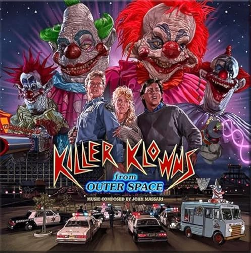 “Killer Klowns From Outer Space” vinyl record cover with menacing clowns and people.