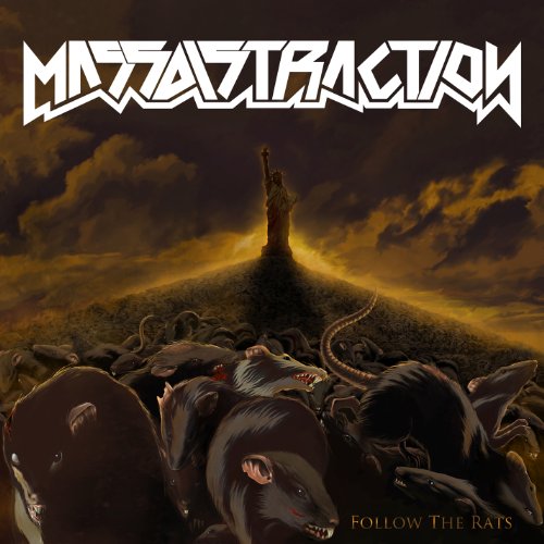 "Album cover art featuring rats surrounding a statue on a hill, dark cloudy background."