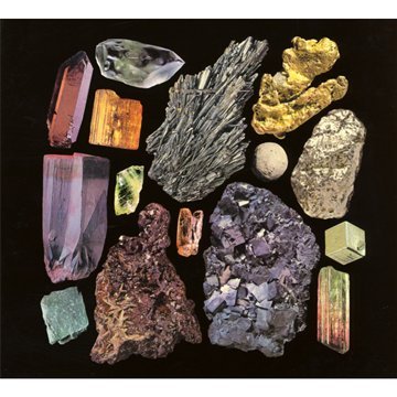 A collection of 16 colorful gemstones and minerals on a black background.
