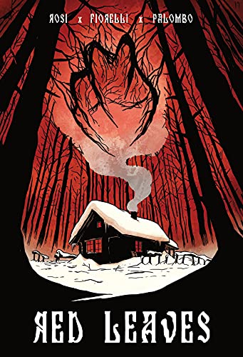 Cabin in snowy woods with a shadowy, tree-like figure above.