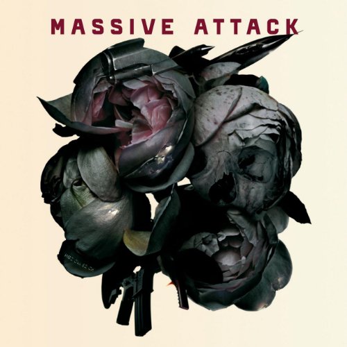 Massive Attack Collected album cover featuring dark flowers, a skull, and a handgun.