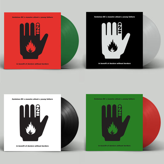 Vinyl records with a hand graphic and flames, benefiting Doctors Without Borders.