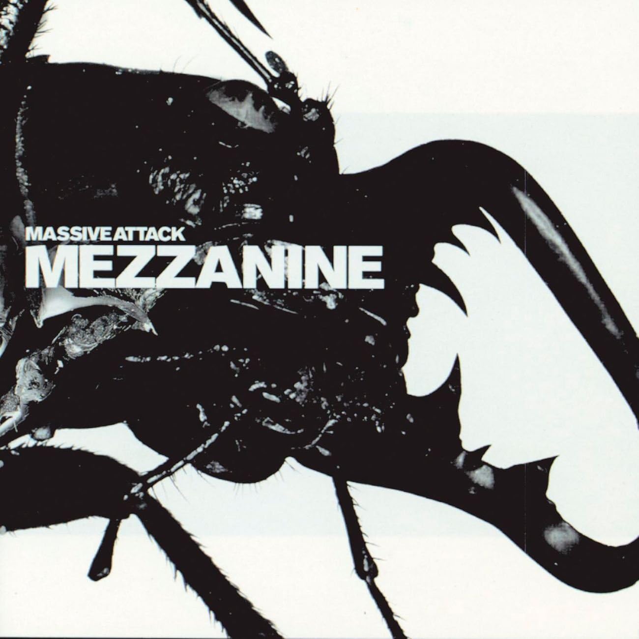 Album cover for Massive Attack Mezzanine featuring a black beetle on a white background.