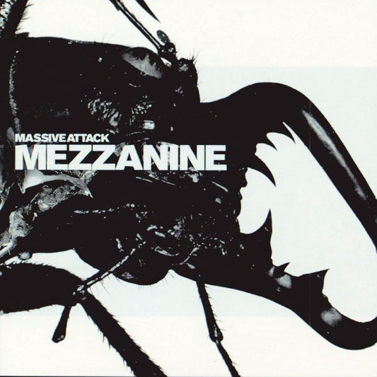 Album cover for Massive Attack Mezzanine featuring a black beetle on a white background.