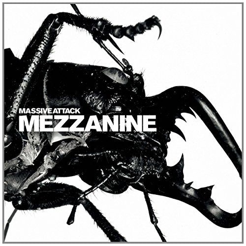 "Black and white album cover featuring a close-up of a beetle with 'Massive Attack Mezzanine' text."