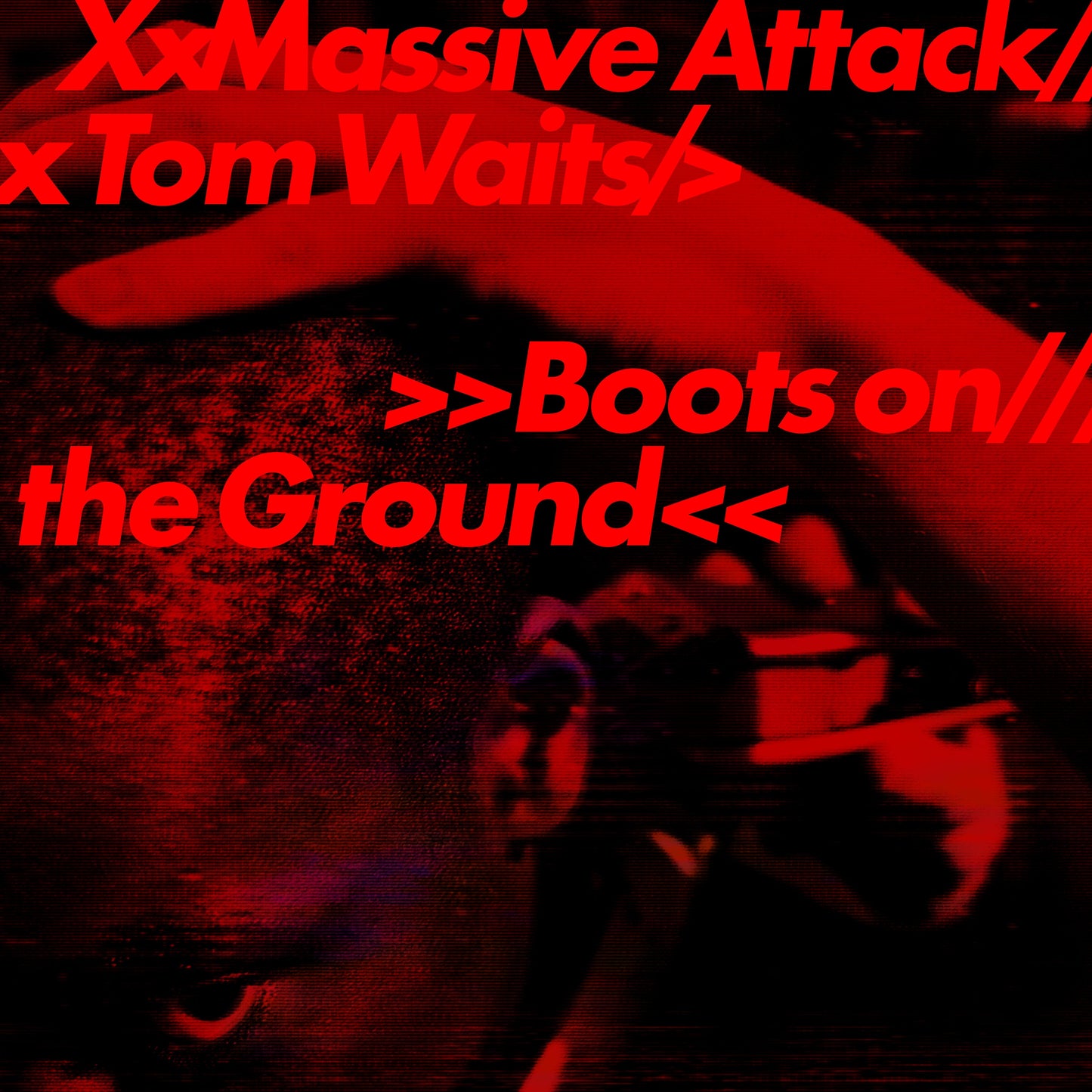 Red album cover for Massive Attack/Tom Waits’ “Boots on the Ground” vinyl.